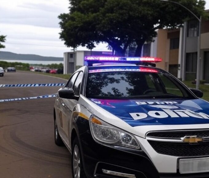 Viatura da polícia em rua do Lago Norte após perseguição com baleados, Brasília.