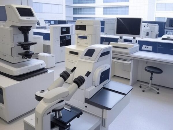 Laboratório moderno de anatomia patológica no Hospital de Base, Brasília, com equipamentos tecnológicos para modernização.