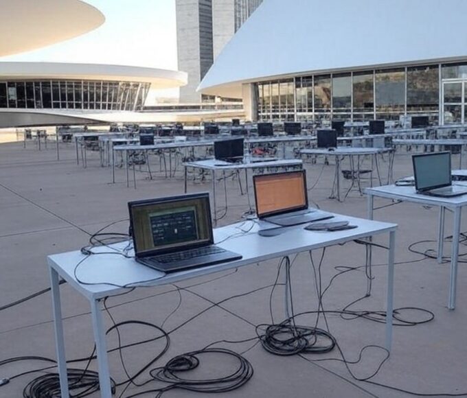 Sala comunitária em Arapoanga com computadores para oficinas gratuitas de tecnologia no projeto ByteZone.