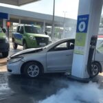 Carro colidido em estação de GNV em Brasília com vazamento de gás e viaturas de bombeiros.