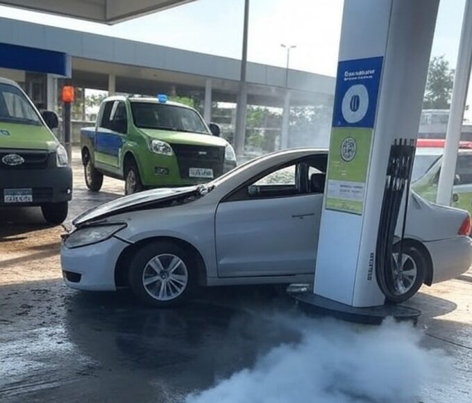 Carro colidido em estação de GNV em Brasília com vazamento de gás e viaturas de bombeiros.