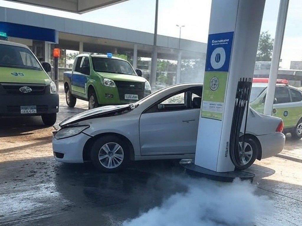 Carro colidido em estação de GNV em Brasília com vazamento de gás e viaturas de bombeiros.