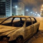 Carro incendiado e carbonizado em rua de Brasília, DF, cena de tragédia sem pessoas.