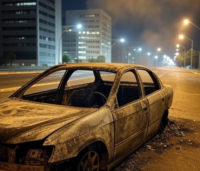 Carro incendiado e carbonizado em rua de Brasília, DF, cena de tragédia sem pessoas.