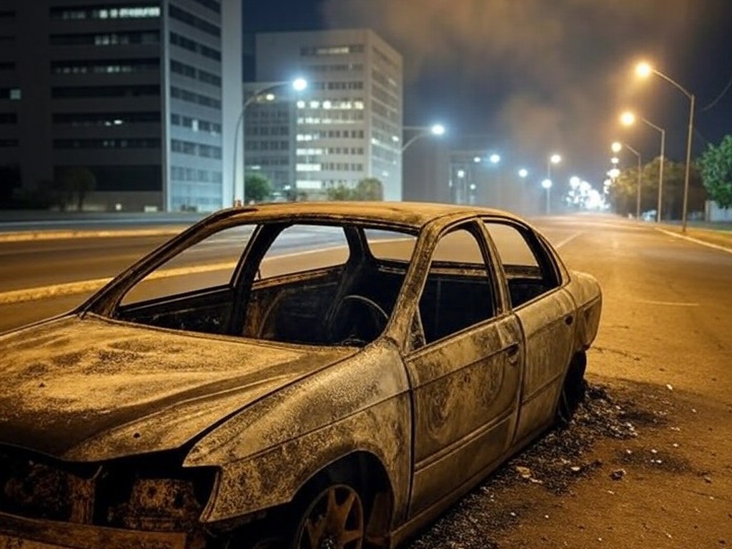 Carro incendiado e carbonizado em rua de Brasília, DF, cena de tragédia sem pessoas.