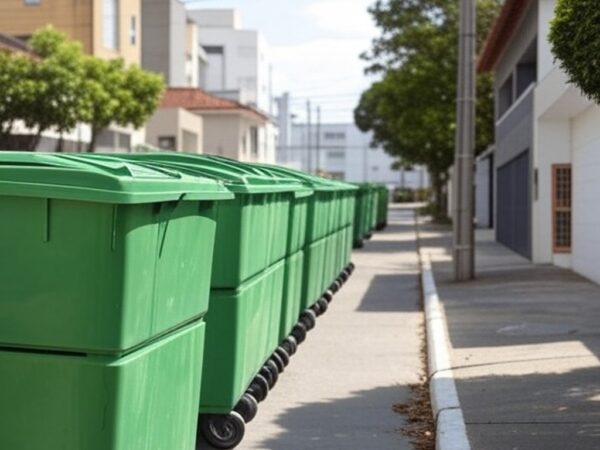 Novos contêineres de lixo instalados em rua de Guará, DF, para reforçar limpeza urbana.