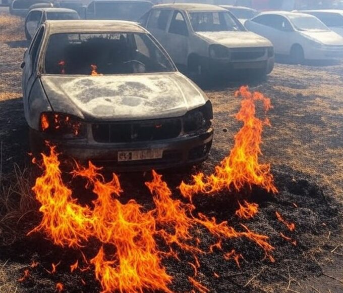 Incêndio em vegetação danifica oito veículos em Vicente Pires, DF, com chamas e fumaça em área urbana.
