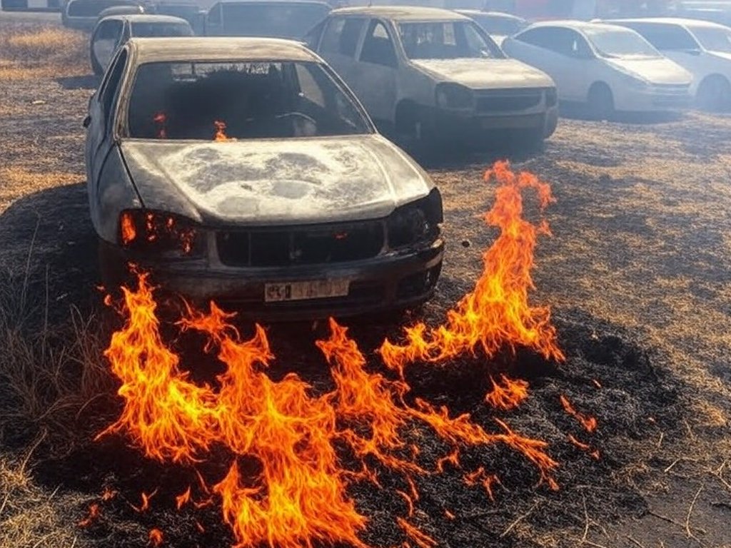 Incêndio em vegetação danifica oito veículos em Vicente Pires, DF, com chamas e fumaça em área urbana.