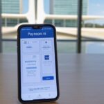 Smartphone com site falso de pagamento de contas de água, alertando para golpes online no DF, ao fundo arquitetura de Brasília.