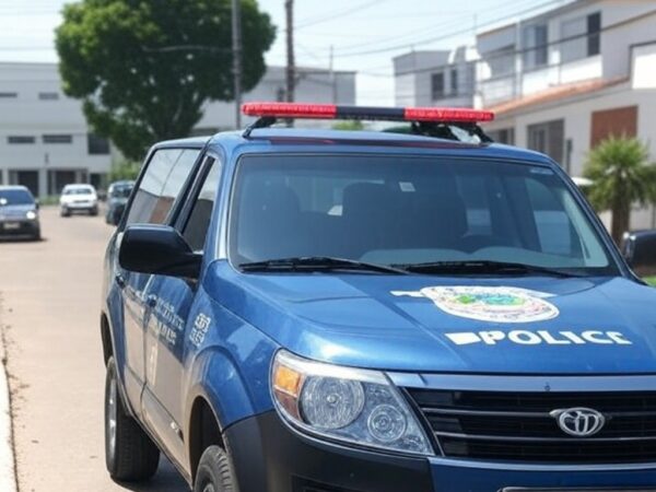 Viatura da PM do DF em rua da Granja do Ipê, com facão no chão, representando detenção por ameaças.