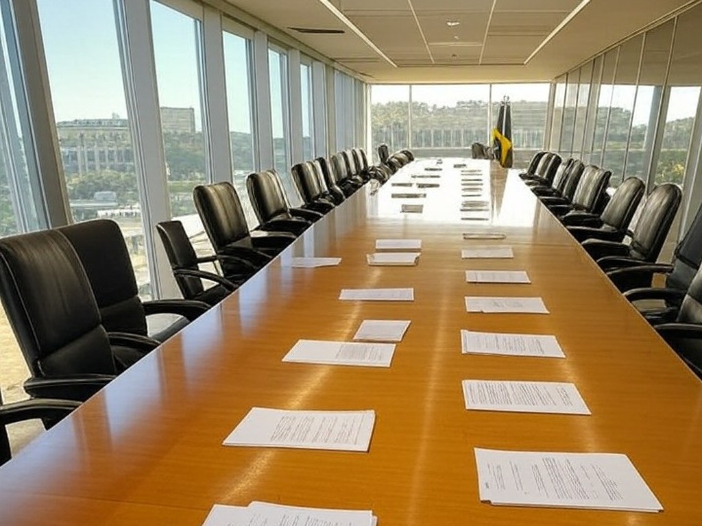 Sala de reuniões governamental em Brasília com documentos sobre reforma tributária e bandeiras brasileiras.