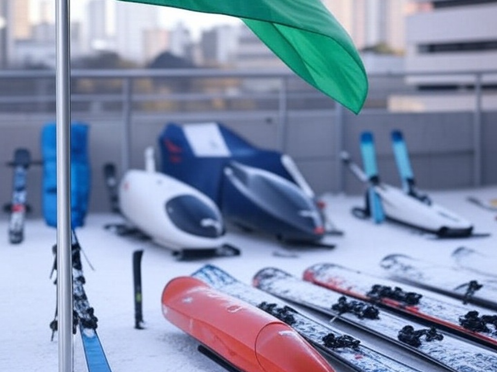 Bandeira brasileira e equipamentos de esportes de inverno em centro de treinamento, representando delegação recorde do Brasil para Jogos Olímpicos de Inverno 2026.