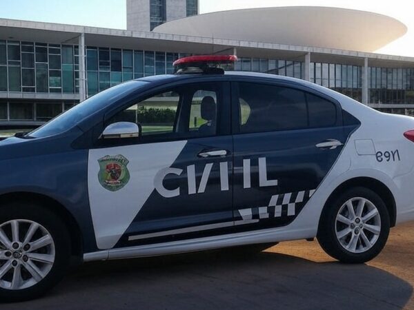 Viatura da Polícia Civil em Brasília durante operação contra fraude em atestados médicos.