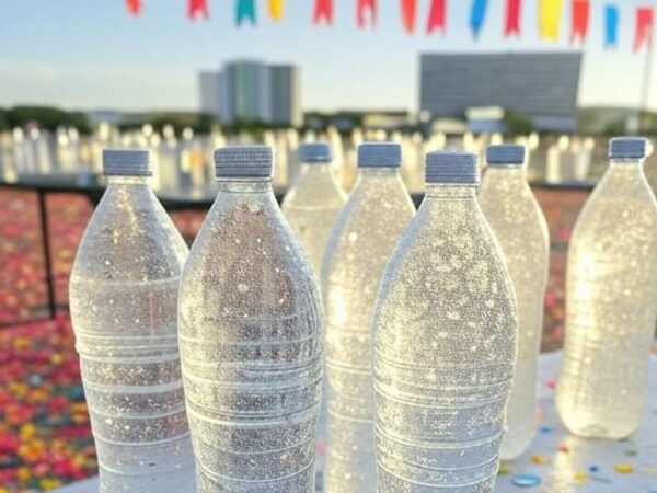 Garrafas de água para hidratação no Carnaval de Brasília 2026, com elementos festivos ao fundo.