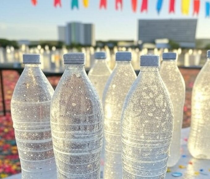 Garrafas de água para hidratação no Carnaval de Brasília 2026, com elementos festivos ao fundo.