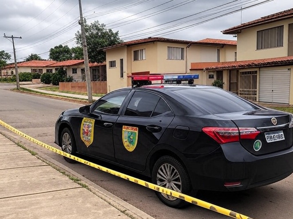Viatura da Polícia Civil do DF em rua de Sobradinho II, com fita de isolamento, representando prisão por homicídio.