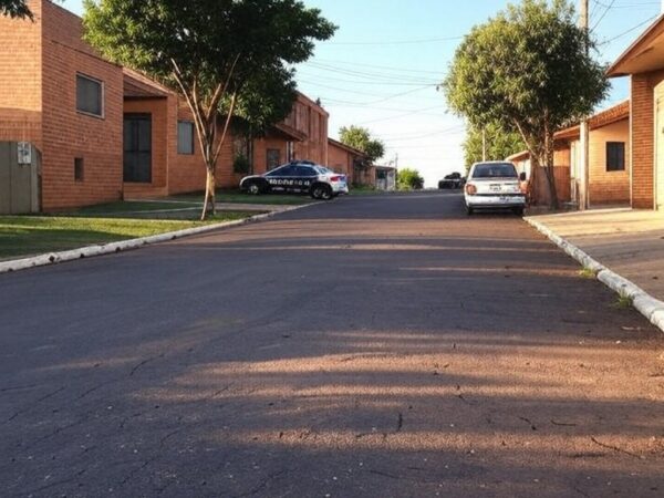 Rua residencial em Samambaia com viatura da Polícia Militar, representando suspeita de sequestro no Distrito Federal.