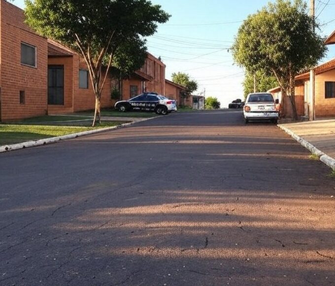 Rua residencial em Samambaia com viatura da Polícia Militar, representando suspeita de sequestro no Distrito Federal.