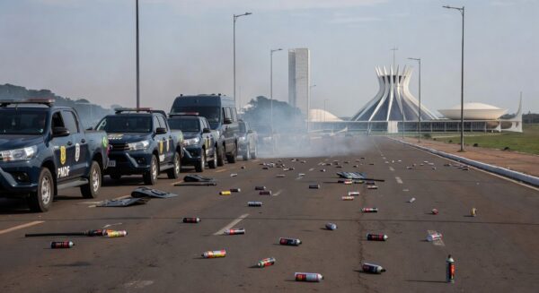 Operação da PMDF em Brasília com viaturas e spray de pimenta no ar, ambientada na capital federal.