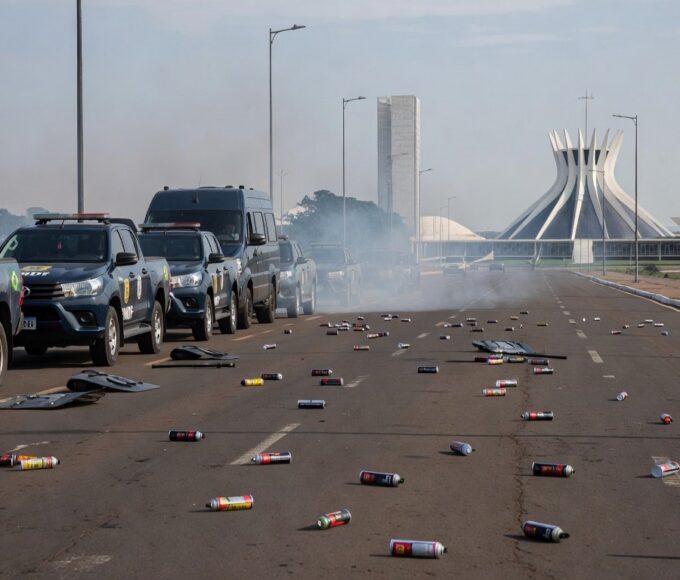 Operação da PMDF em Brasília com viaturas e spray de pimenta no ar, ambientada na capital federal.