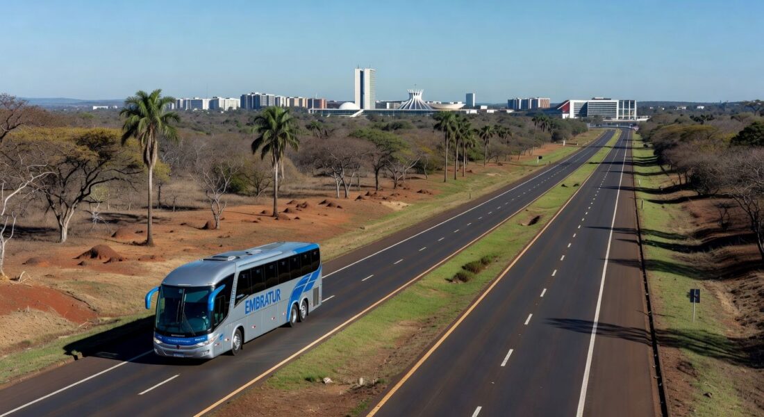 Ônibus rodoviário na rodovia entre DF e Entorno de Goiás, representando reajuste de 2,5% nas passagens.