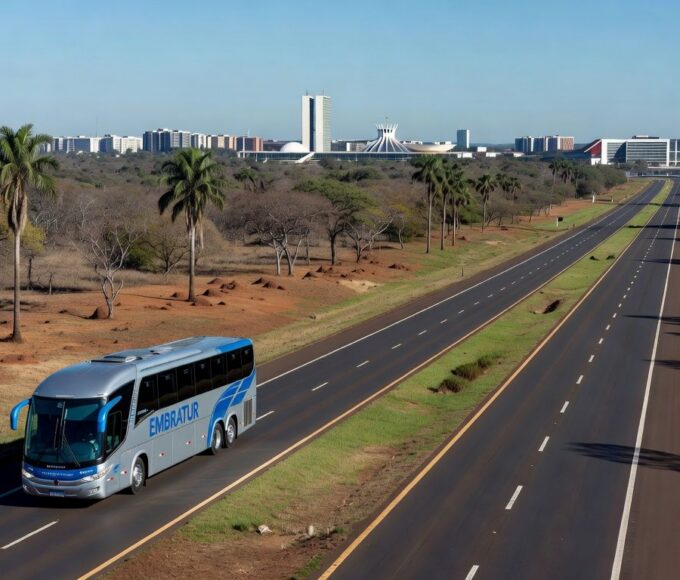 Ônibus rodoviário na rodovia entre DF e Entorno de Goiás, representando reajuste de 2,5% nas passagens.
