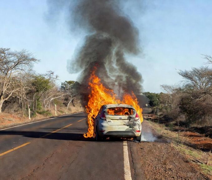 Carro Ford Fiesta em chamas na DF-001 próximo ao Jardim Botânico em Brasília, sem feridos.