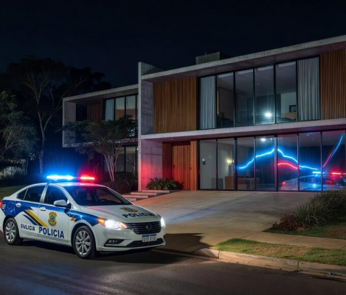 Viatura da Polícia Civil do DF em frente a casa residencial em Brasília, representando prisão por violência doméstica.