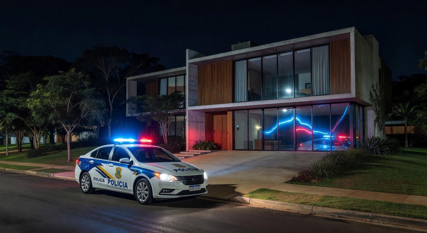 Viatura da Polícia Civil do DF em frente a casa residencial em Brasília, representando prisão por violência doméstica.