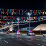 Rua em Brasília no Carnaval com decorações festivas e viaturas da PMDF em operação de segurança integrada.
