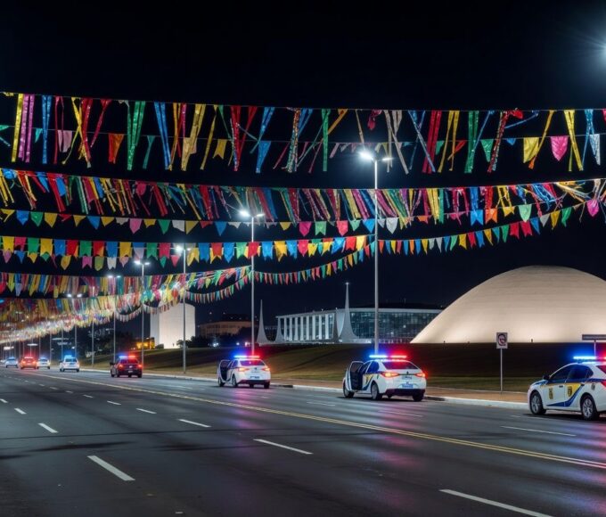 Rua em Brasília no Carnaval com decorações festivas e viaturas da PMDF em operação de segurança integrada.