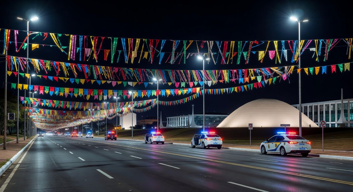 Rua em Brasília no Carnaval com decorações festivas e viaturas da PMDF em operação de segurança integrada.