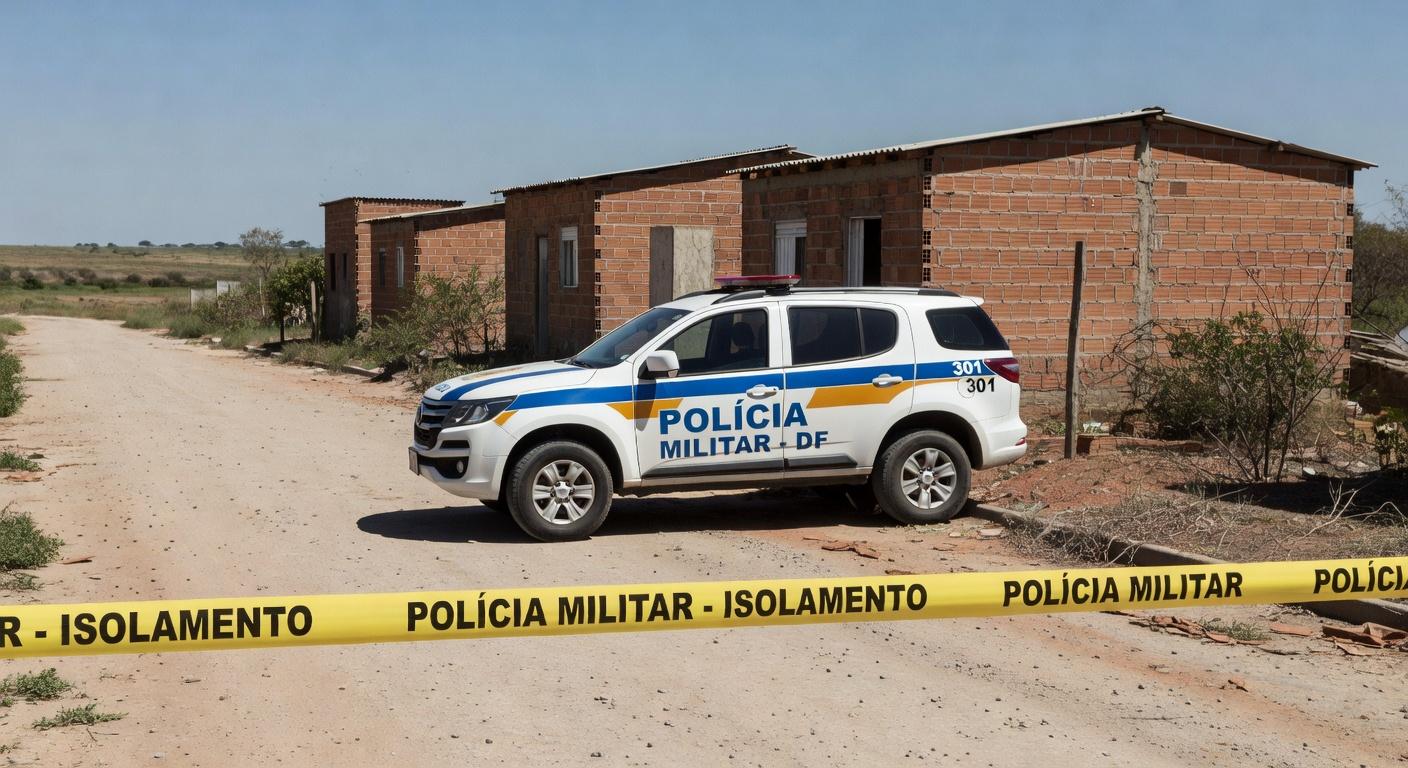 Viatura da polícia em rua da Cidade Estrutural, com fita de isolamento, representando apreensão por suspeita de feminicídio.