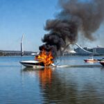 Lancha em chamas no Lago Paranoá, Brasília, com fumaça e fogo intenso sobre águas calmas.