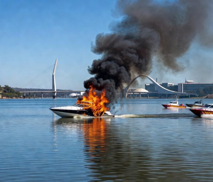 Lancha em chamas no Lago Paranoá, Brasília, com fumaça e fogo intenso sobre águas calmas.