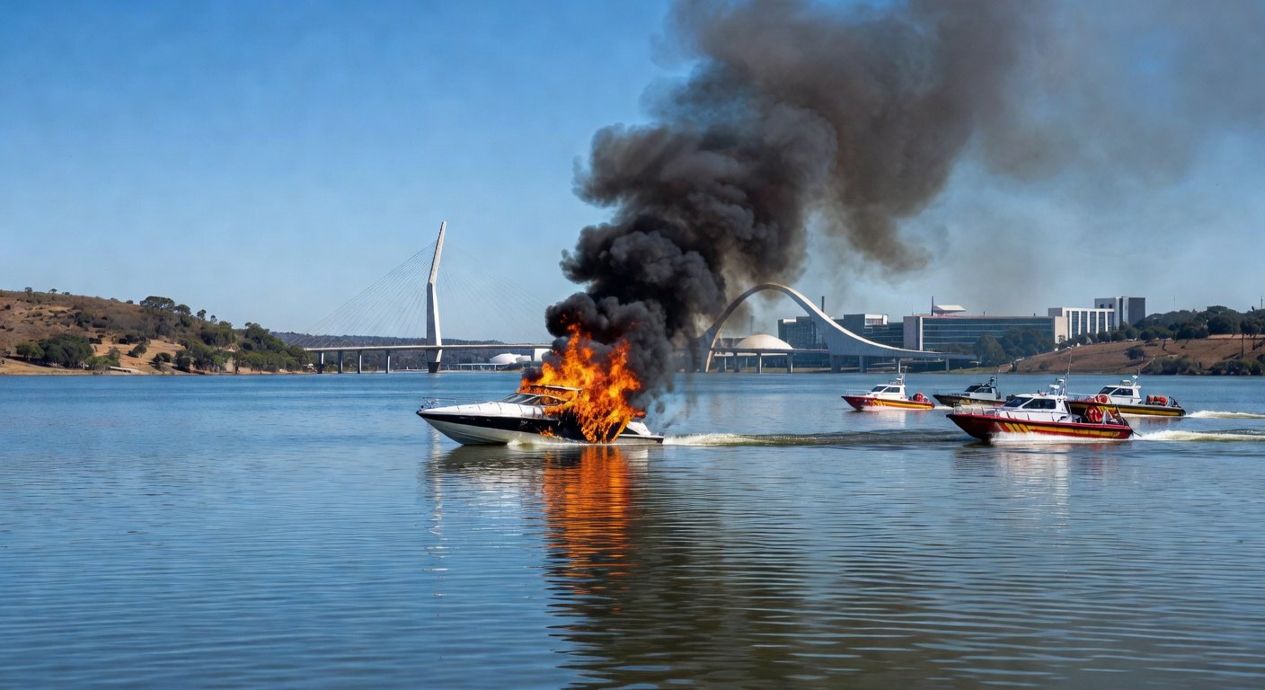 Lancha em chamas no Lago Paranoá, Brasília, com fumaça e fogo intenso sobre águas calmas.