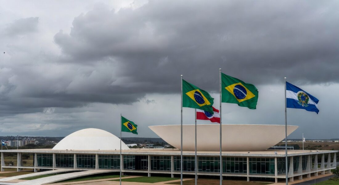 Fachada da Câmara Legislativa do DF sob céu nublado, representando falhas na proteção a mulheres e idosos no Distrito Federal.