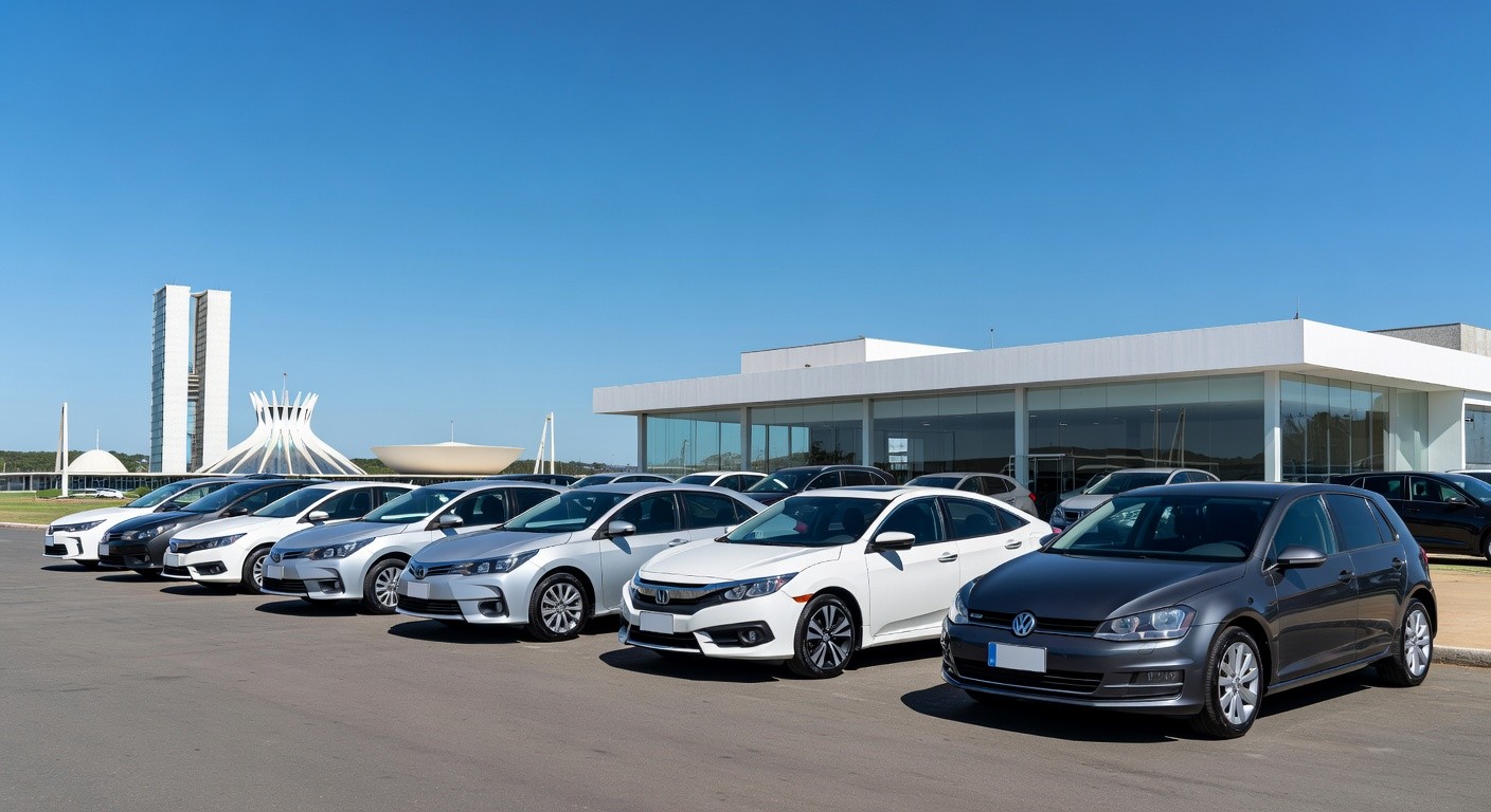 Concessionária de veículos em Brasília com carros novos, representando alta em financiamentos no Distrito Federal em 2024.