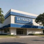 Fachada de edifício do Detran-DF em Brasília com placa de horário contínuo de 8h às 17h para otimizar atendimento.