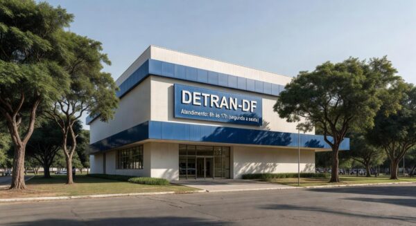 Fachada de edifício do Detran-DF em Brasília com placa de horário contínuo de 8h às 17h para otimizar atendimento.