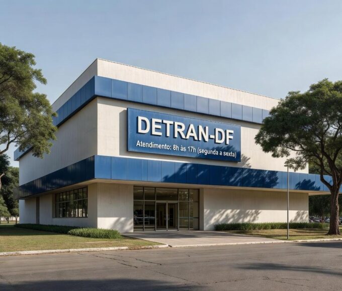 Fachada de edifício do Detran-DF em Brasília com placa de horário contínuo de 8h às 17h para otimizar atendimento.