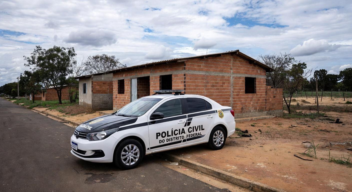 Viatura da Polícia Civil em frente a casa em Vicente Pires, representando detenção por abandono de criança com drogas.