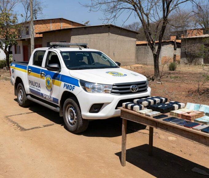 Viatura da PMDF com drogas, dinheiro e celulares apreendidos em operação contra tráfico no Arapoanga.