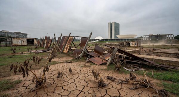 Horta urbana negligenciada em Brasília, com plantas murchas e sinais de abandono, representando estagnação na agricultura urbana no DF devido a burocracia na CLDF.