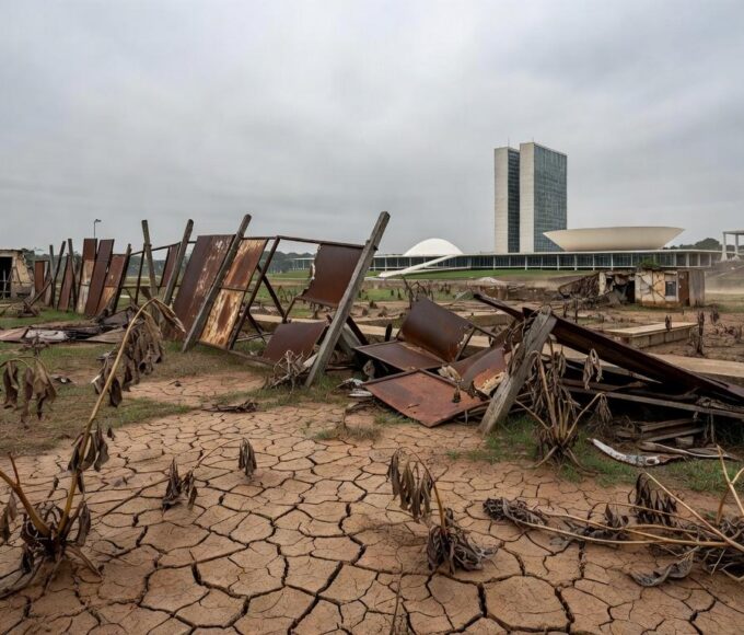 Horta urbana negligenciada em Brasília, com plantas murchas e sinais de abandono, representando estagnação na agricultura urbana no DF devido a burocracia na CLDF.