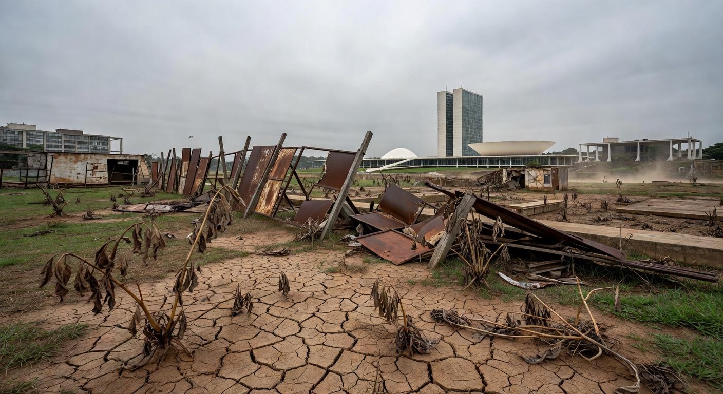 Horta urbana negligenciada em Brasília, com plantas murchas e sinais de abandono, representando estagnação na agricultura urbana no DF devido a burocracia na CLDF.