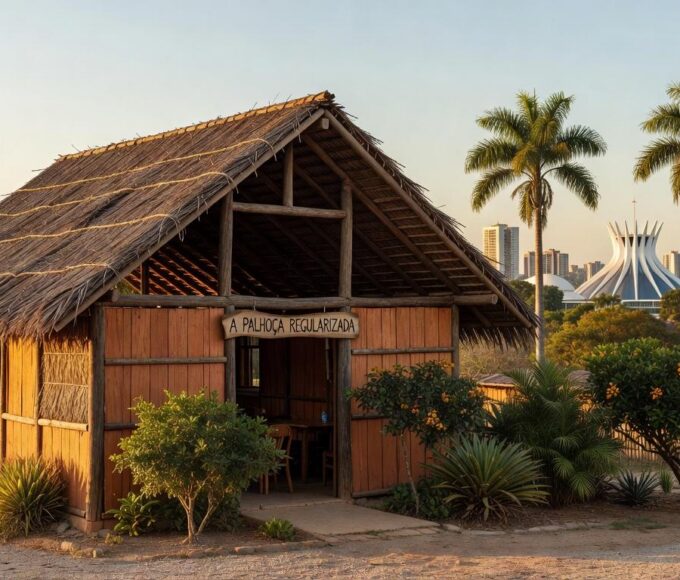 Restaurante Palhoça em Brasília recebendo regularização fundiária após 48 anos, com fachada rústica e telhado de palha.