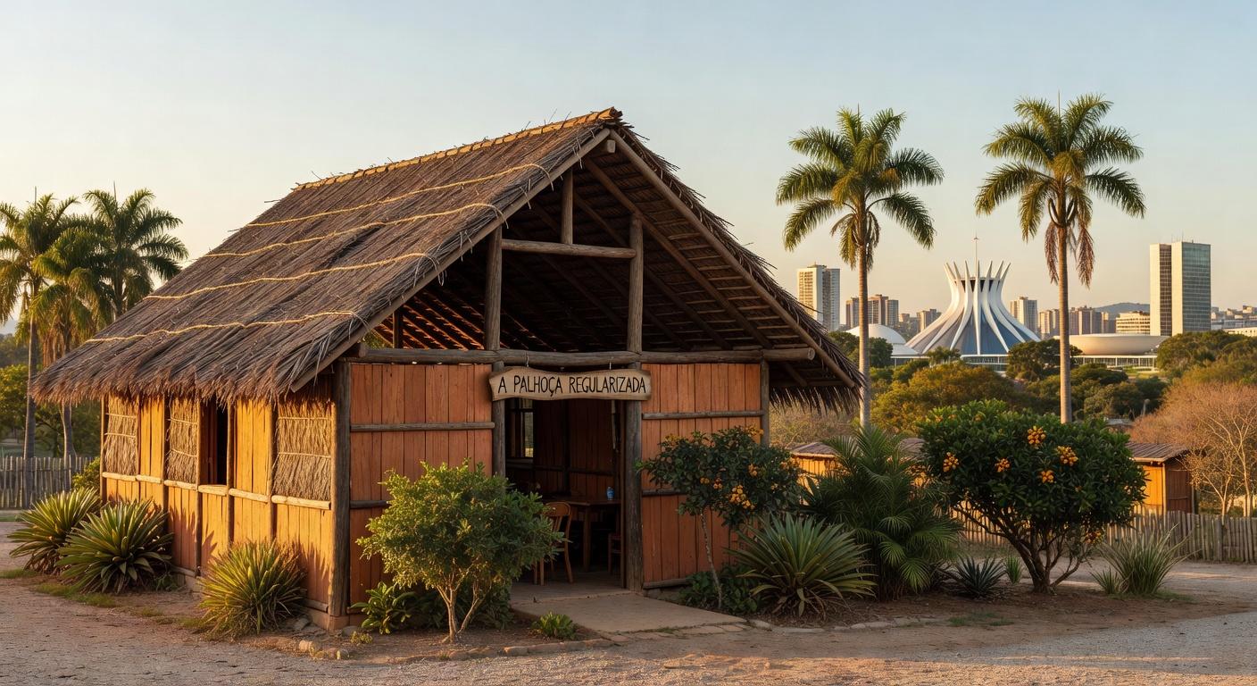 Restaurante Palhoça em Brasília recebendo regularização fundiária após 48 anos, com fachada rústica e telhado de palha.