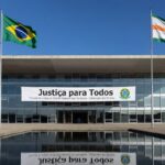 Edifício do TJDFT em Brasília com banner de homenagem a servidores no programa 1 Ano de Casa.