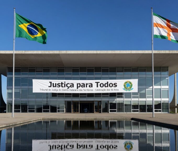 Edifício do TJDFT em Brasília com banner de homenagem a servidores no programa 1 Ano de Casa.